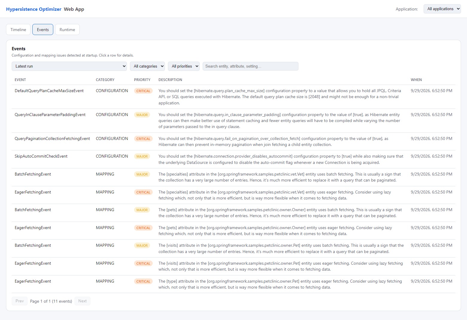Hypersistence Optimizer - The Events view of the Event Persistence Web App